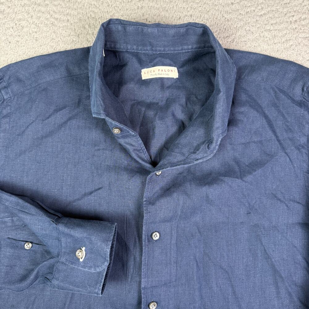 Luca Faloni Shirt Mens 17.5/44 Navy Blue 100% Linen Button Down Long Sleeve